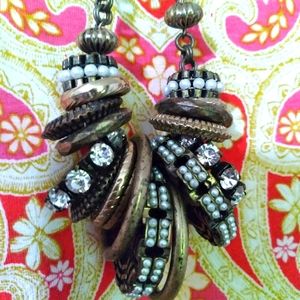 Chico's Antique Gold Bronze Chunky Ring Crystal Pearl Medallion Necklace!